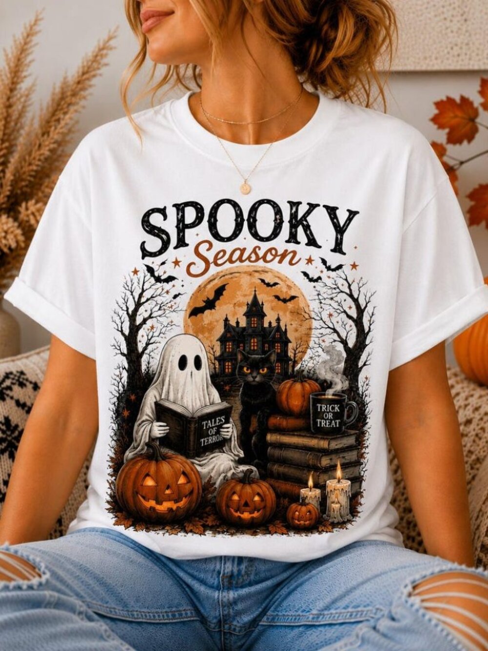 Spooky Season Shirt, Cute Ghost Reading Book Shirt, Black Cat Halloween Tee